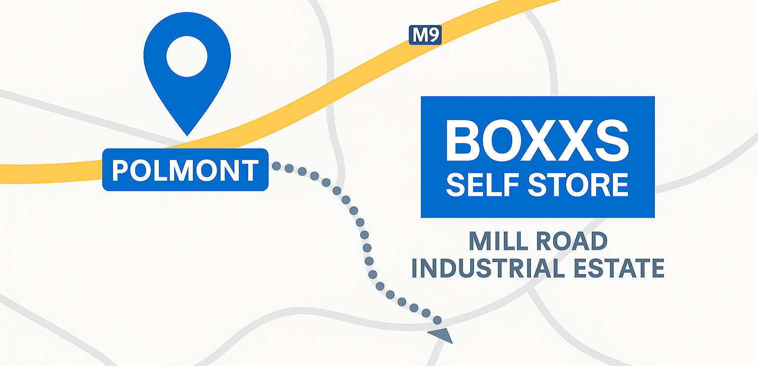 Map showing Boxxs Self Storage just 10 minutes from Bo’ness Simple map showing Boxxs Self Storage at Mill Road Industrial Estate in Linlithgow, located just 10 minutes from Polmont