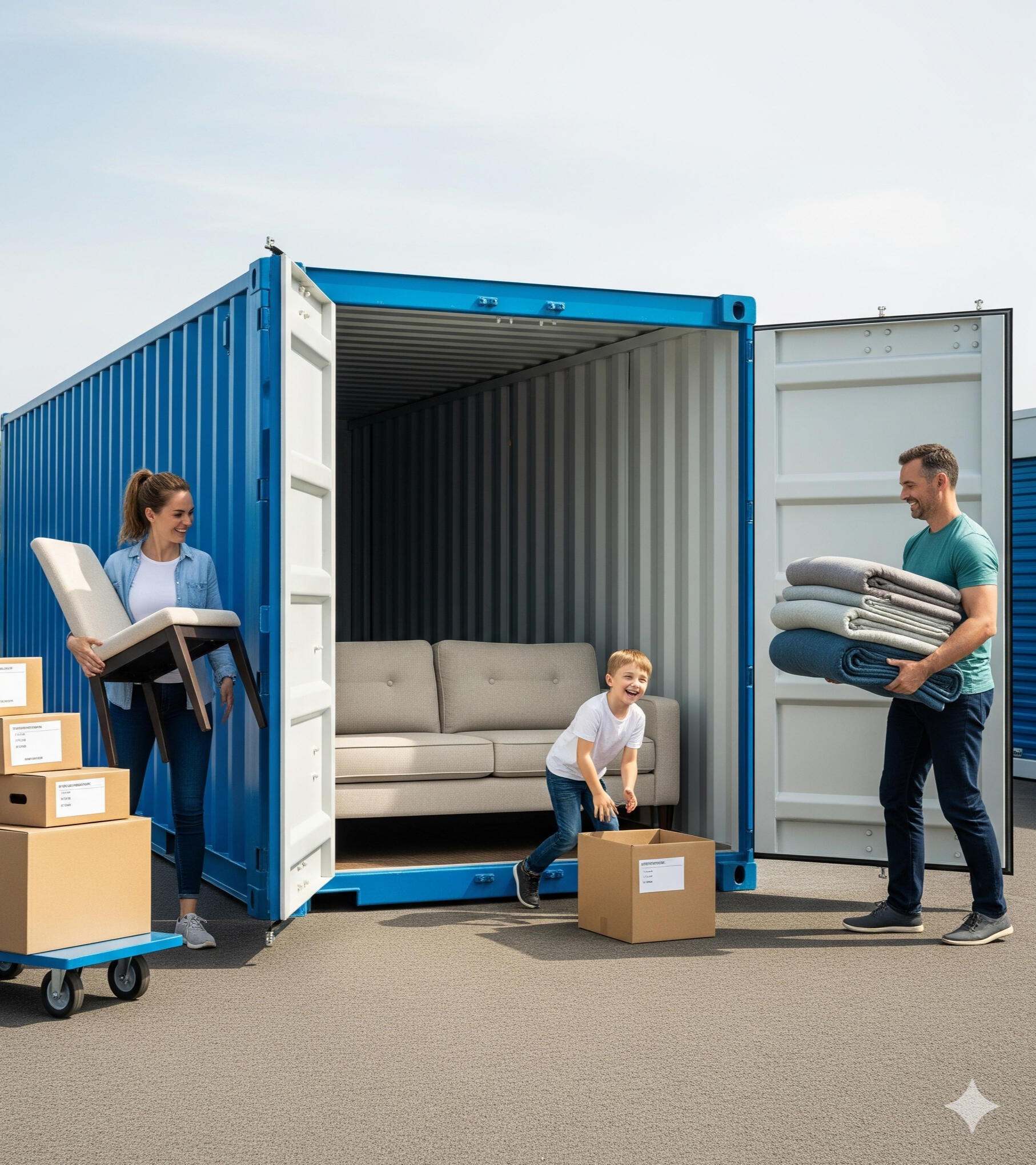 Family loading household items into a Boxxs self storage container Family loading furniture and boxes into a Boxxs self storage container at Linlithgow, convenient for Polmont household storage needs