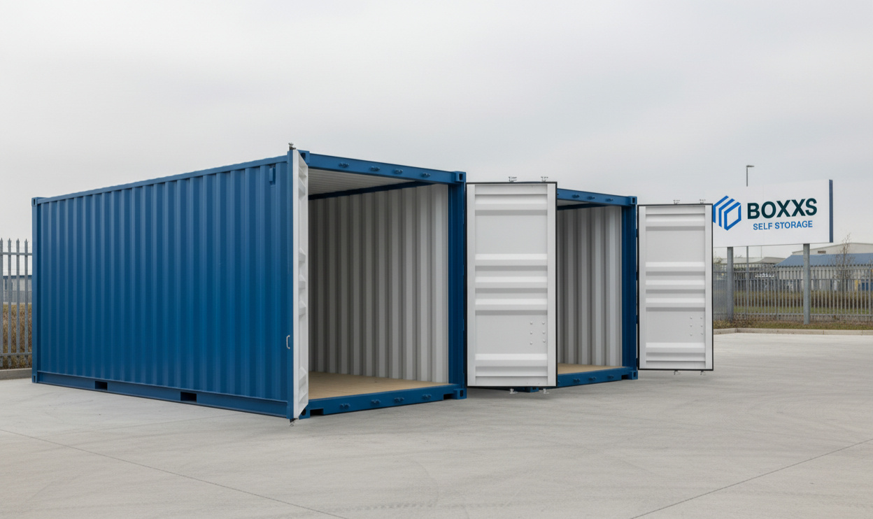 Alternate angle of two Boxxs self storage containers with doors open in Linlithgow Alternate view of two Boxxs self storage containers with open doors at the Linlithgow site, offering secure and flexible storage for Bo’ness and West Lothian customers
