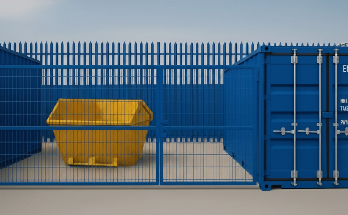 Boxxs Micro Yard with 20ft container and yellow skip in secure yard Boxxs Micro Yard in Linlithgow showing a 20ft self storage container with a yellow skip in the fenced yard, ideal for trades and businesses from Bo’ness and West Lothian